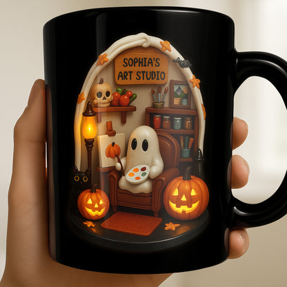 Sophia's Art Studio Ghost and Pumpkins - Personalized Custom Black Mug - HALW033_BMUG