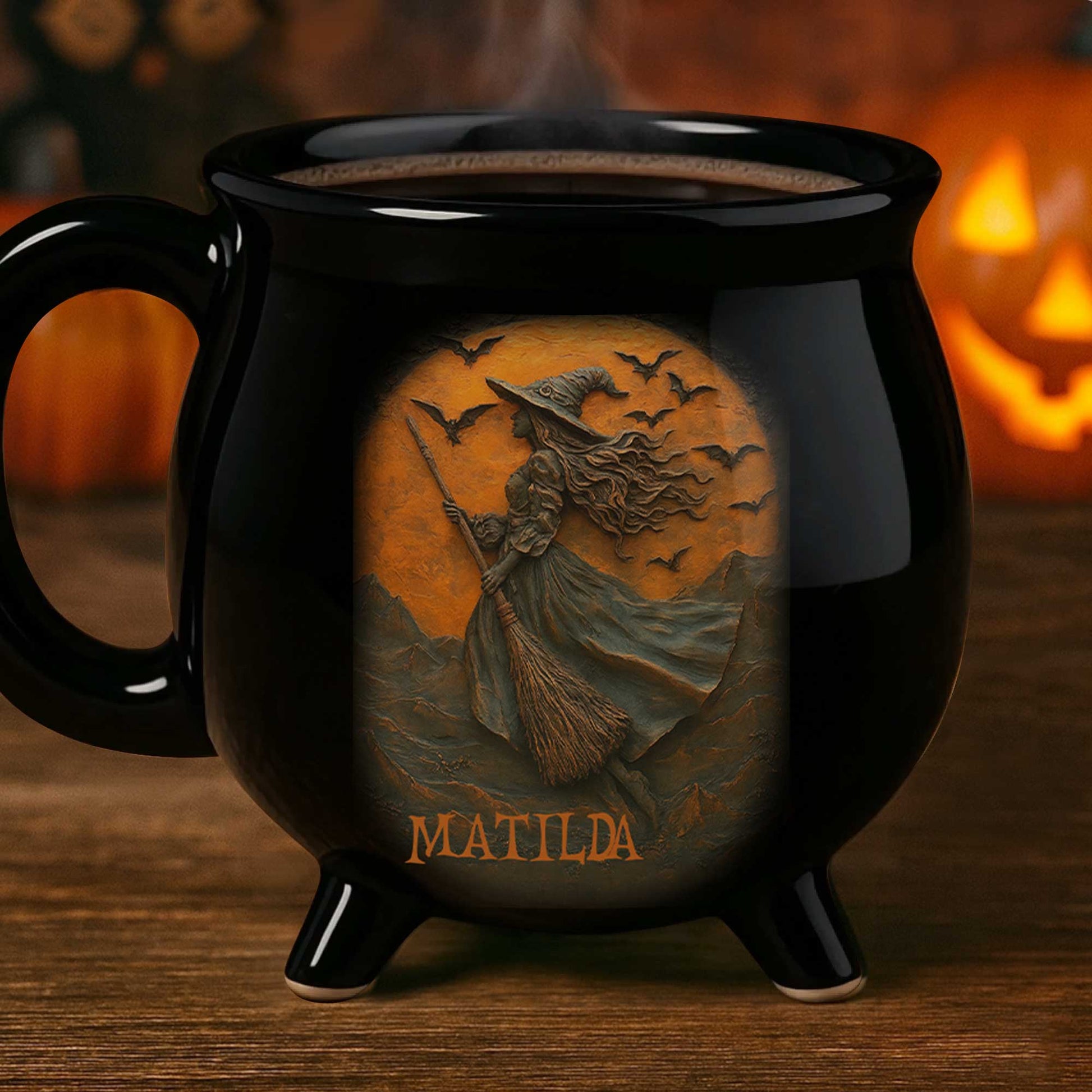 Enchanting Witch Broom and Bats Cauldron Mug