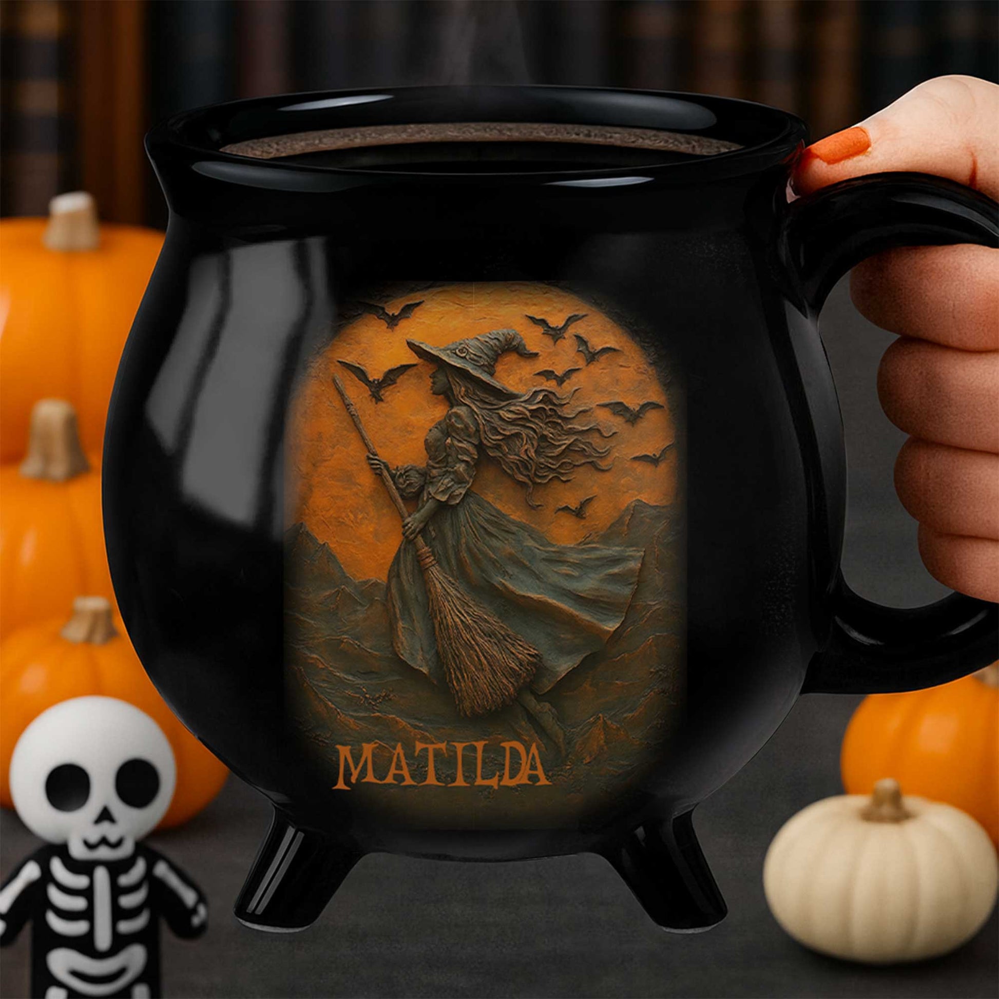 Enchanting Witch Broom and Bats Cauldron Mug