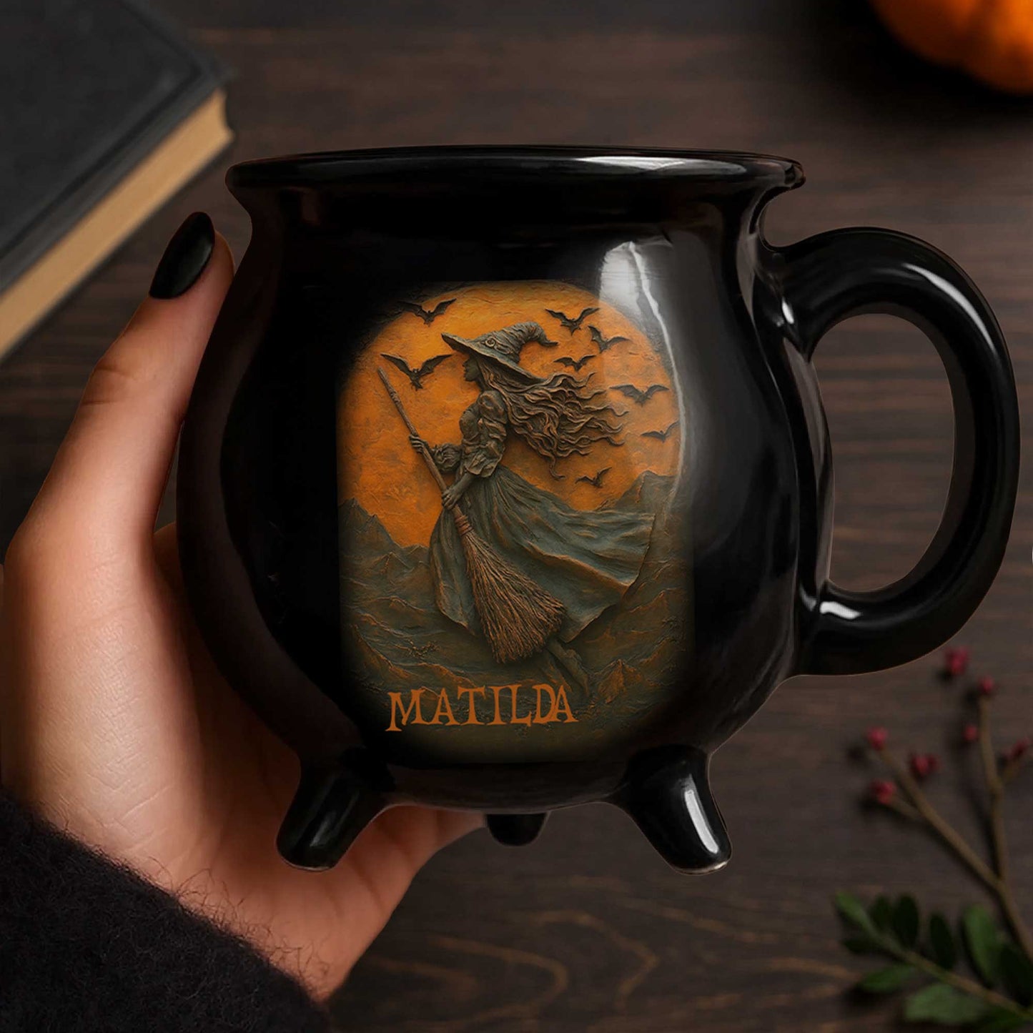 Enchanting Witch Broom and Bats Cauldron Mug