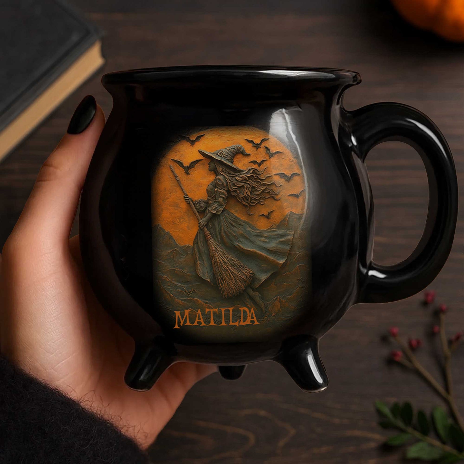 Enchanting Witch Broom and Bats Cauldron Mug