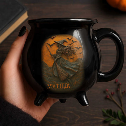 Enchanting Witch Broom and Bats Cauldron Mug