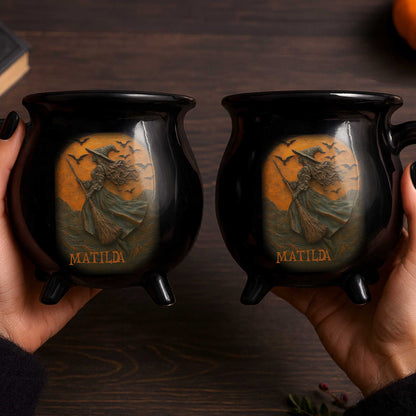 Enchanting Witch Broom and Bats Cauldron Mug