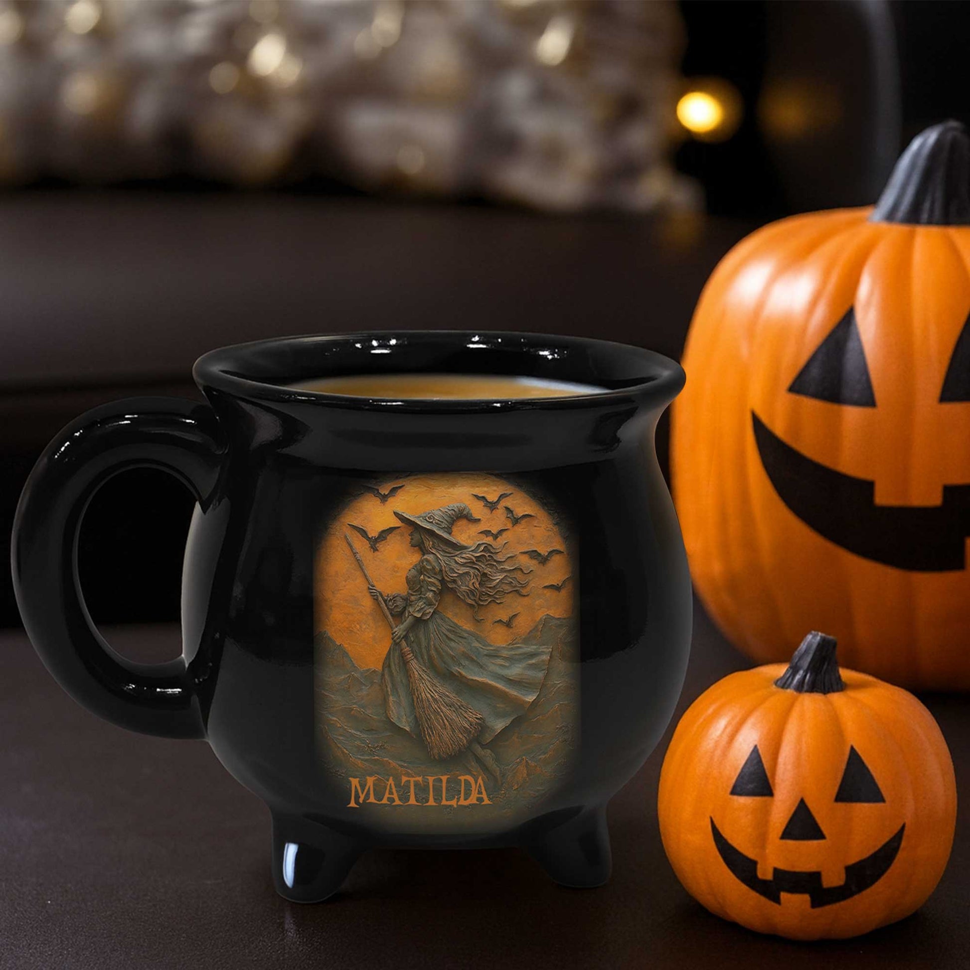 Enchanting Witch Broom and Bats Cauldron Mug