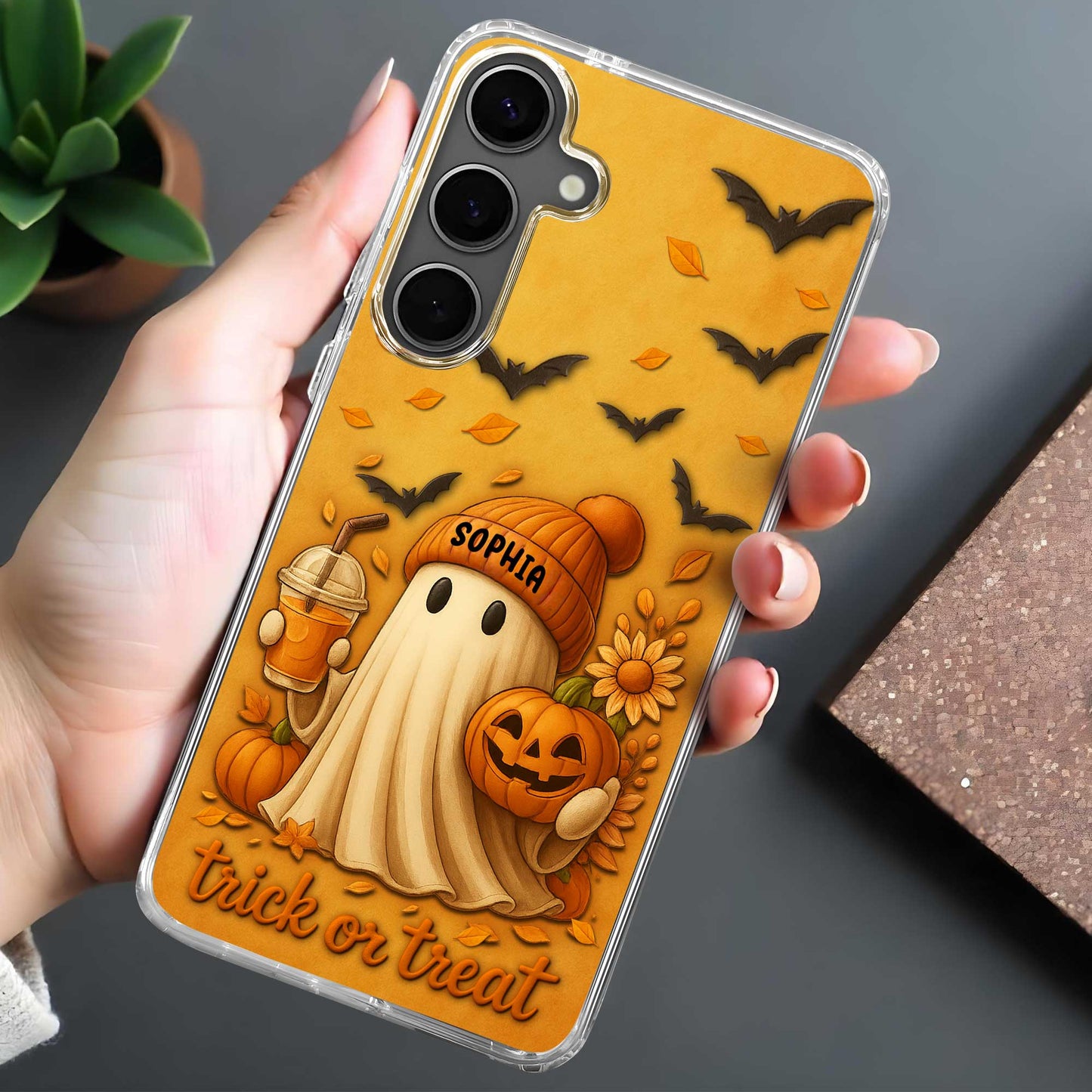 Trick Or Treat With Ghost And Pumpkin