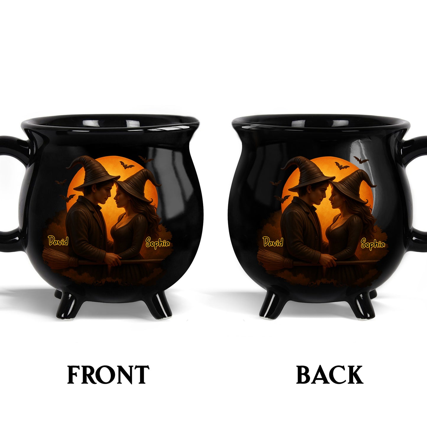 Customizable Romantic Cauldron Mug With Witch And Bat Design