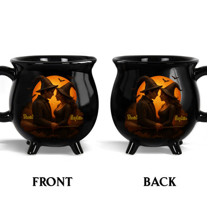 Customizable Romantic Cauldron Mug With Witch And Bat Design