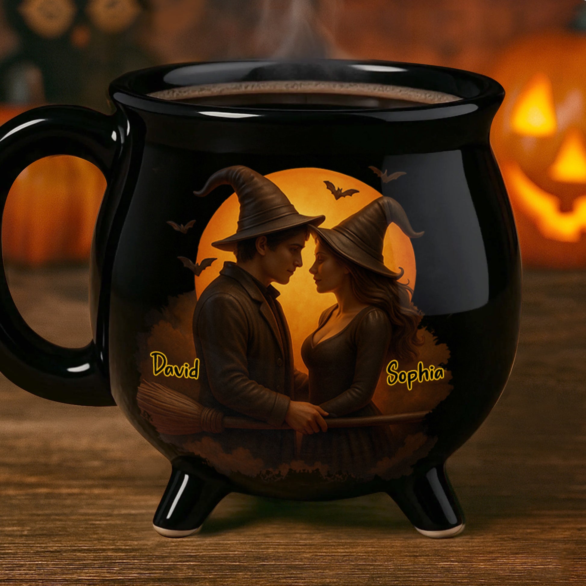 Customizable Romantic Cauldron Mug With Witch And Bat Design