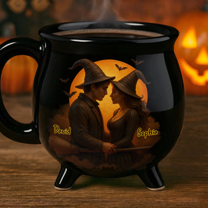 Customizable Romantic Cauldron Mug With Witch And Bat Design