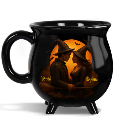 Customizable Romantic Cauldron Mug With Witch And Bat Design