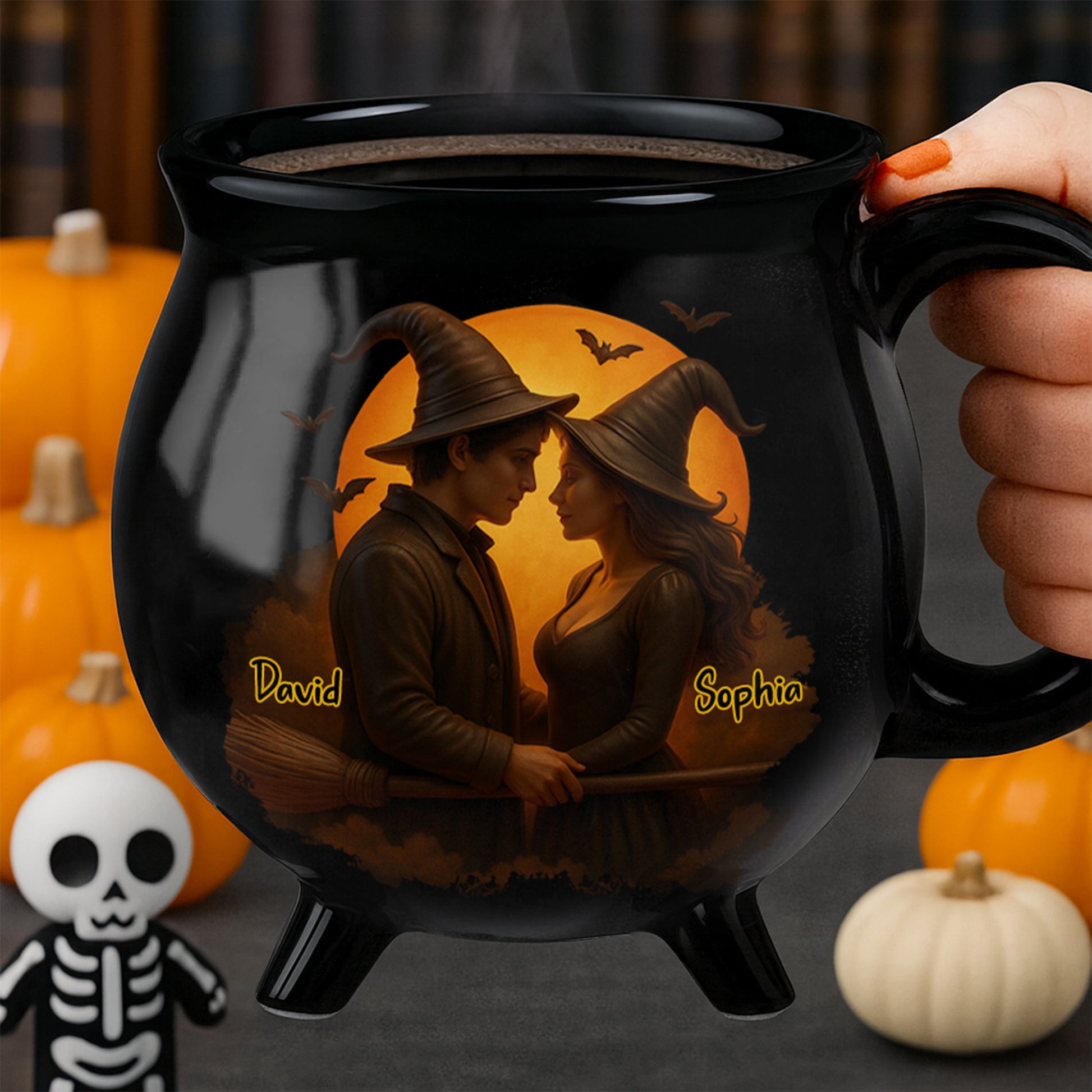 Customizable Romantic Cauldron Mug With Witch And Bat Design