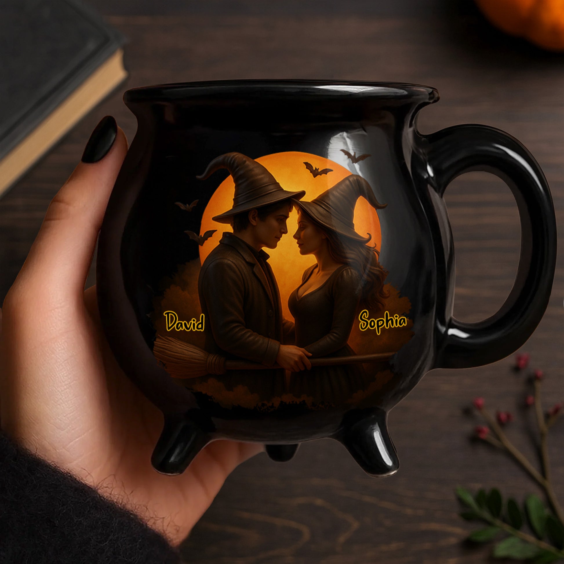 Customizable Romantic Cauldron Mug With Witch And Bat Design