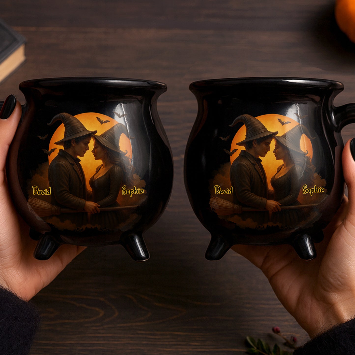 Customizable Romantic Cauldron Mug With Witch And Bat Design