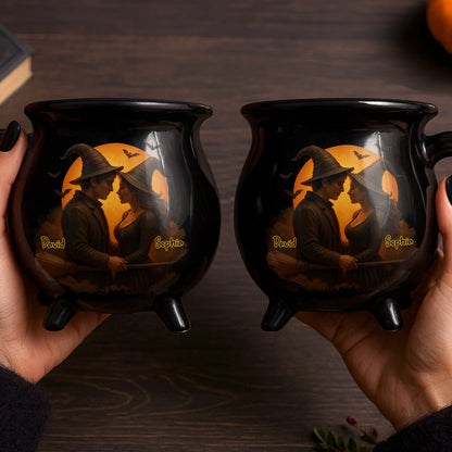 Customizable Romantic Cauldron Mug With Witch And Bat Design