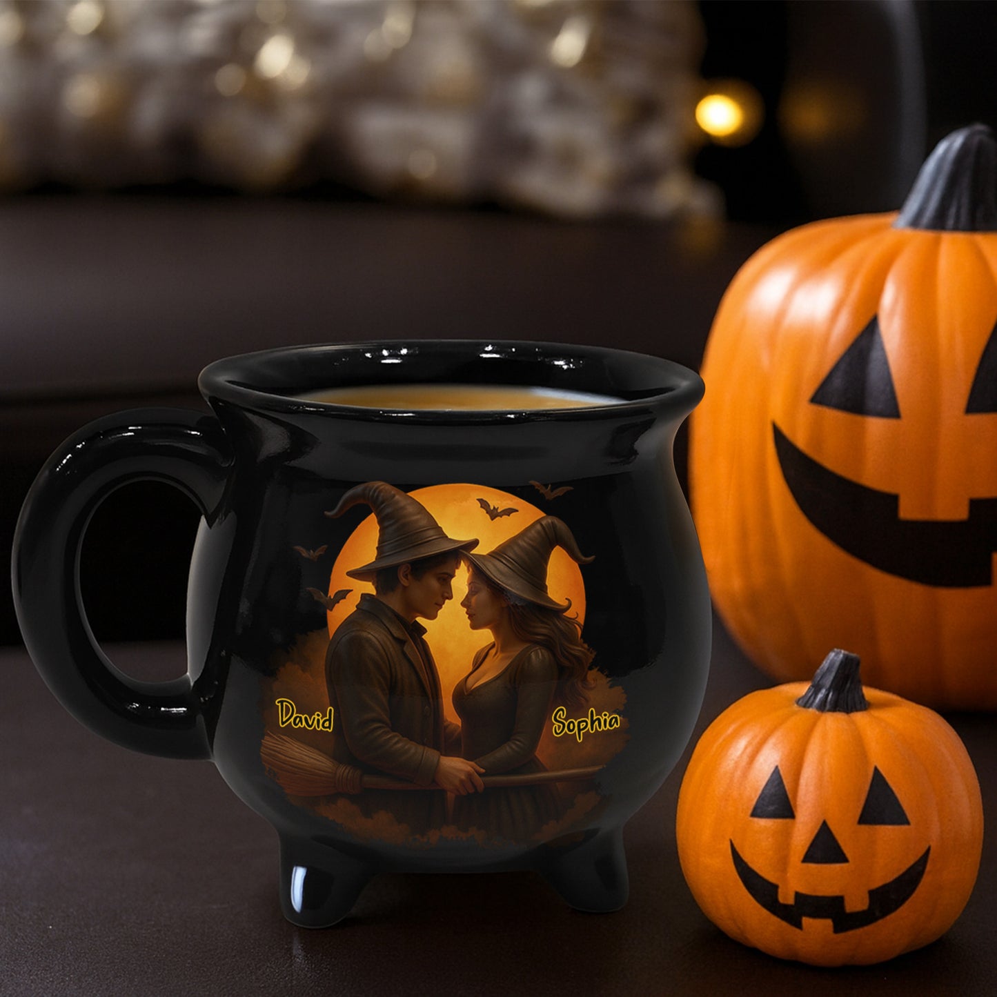 Customizable Romantic Cauldron Mug With Witch And Bat Design
