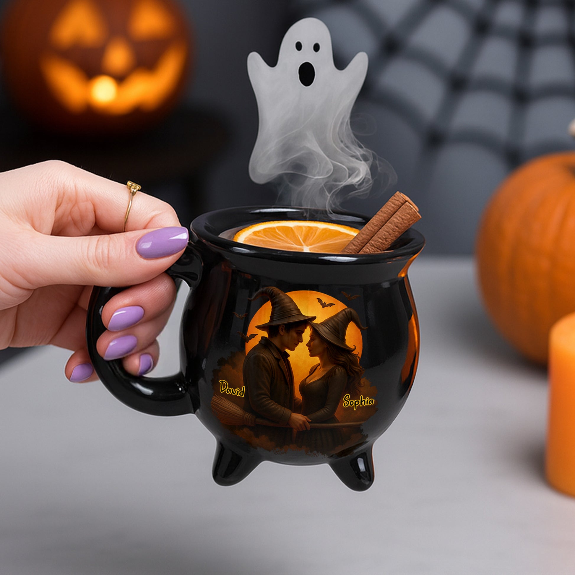 Customizable Romantic Cauldron Mug With Witch And Bat Design