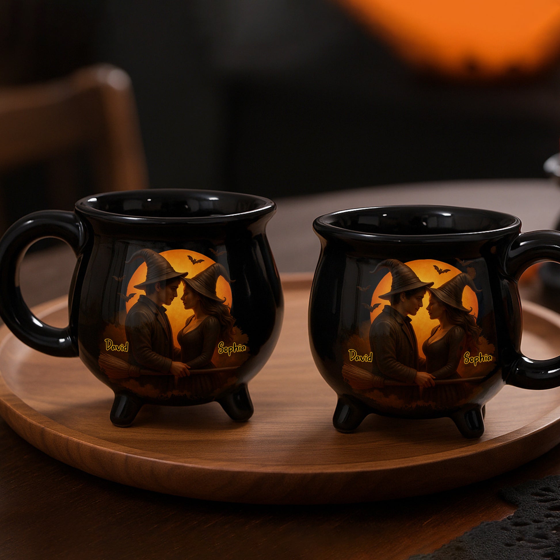 Customizable Romantic Cauldron Mug With Witch And Bat Design