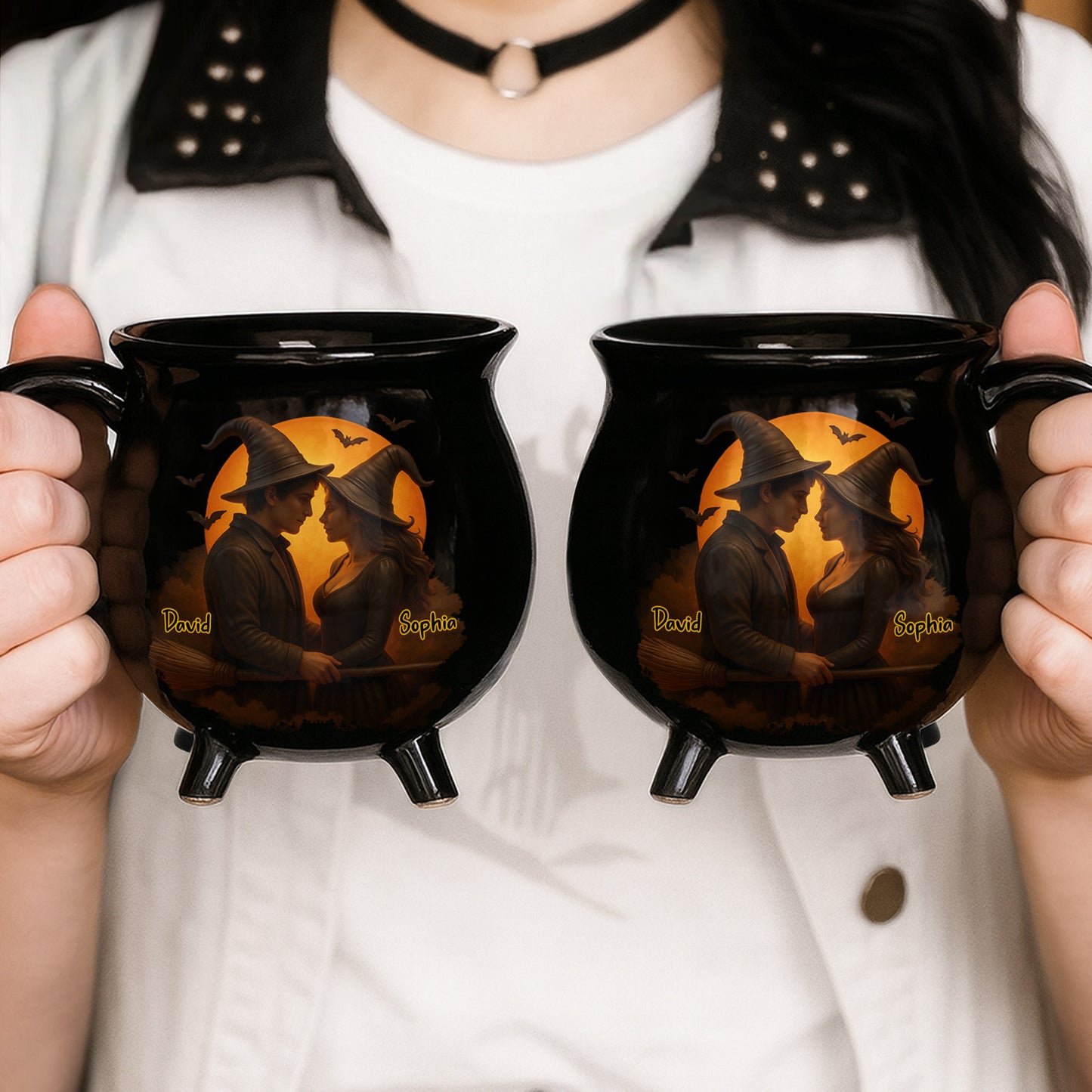Customizable Romantic Cauldron Mug With Witch And Bat Design