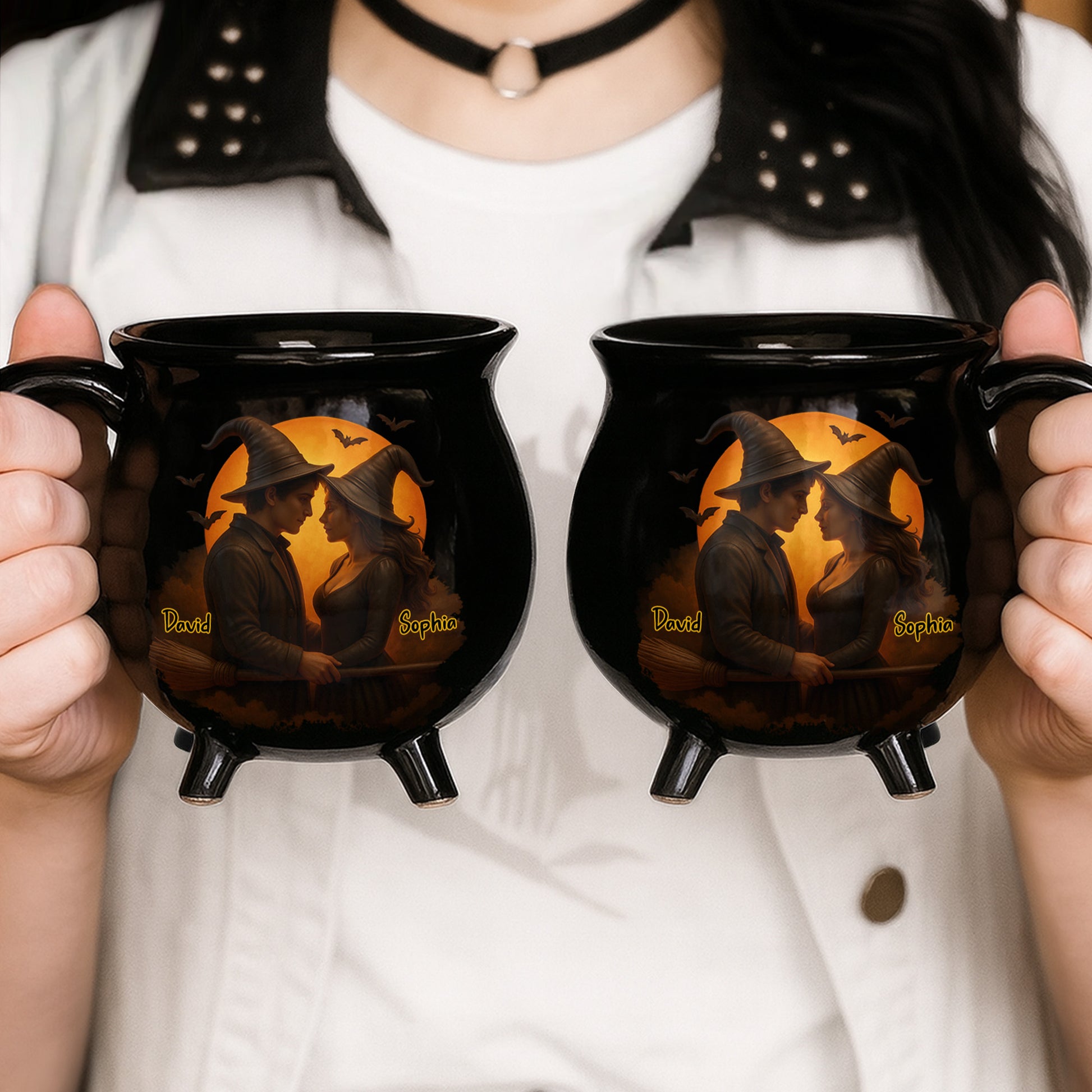 Customizable Romantic Cauldron Mug With Witch And Bat Design