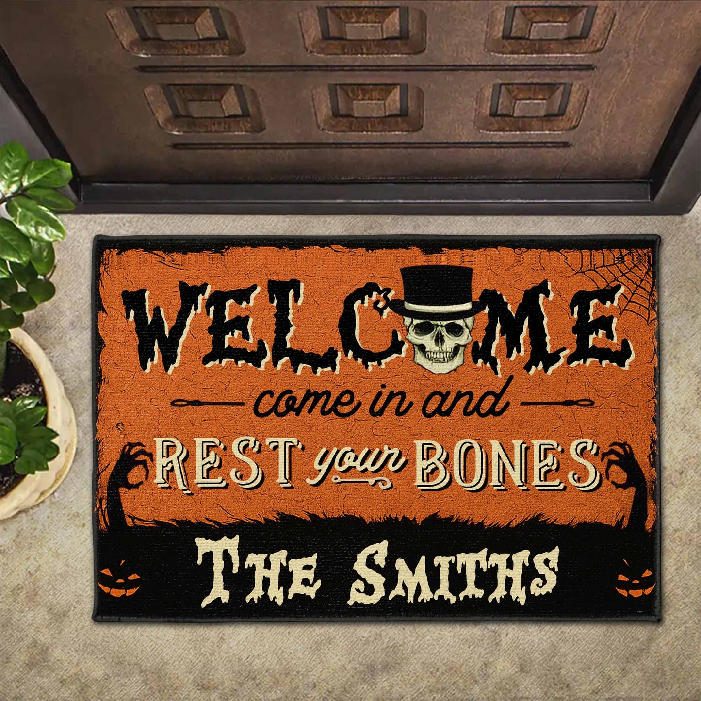 Welcome Come In And Rest Your Bones Skull Spider Web Pumpkin - Personalized Custom Doormat - HALW050_DRM