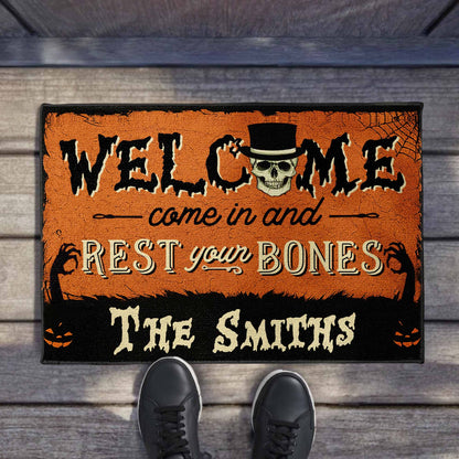 Welcome Come In And Rest Your Bones Skull Spider Web Pumpkin - Personalized Custom Doormat - HALW050_DRM