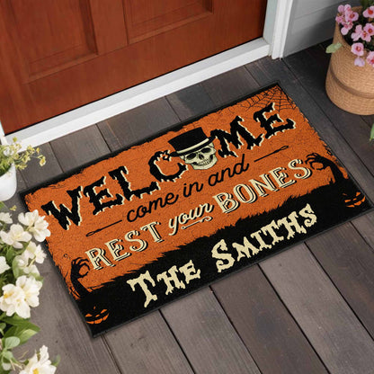 Welcome Come In And Rest Your Bones Skull Spider Web Pumpkin - Personalized Custom Doormat - HALW050_DRM