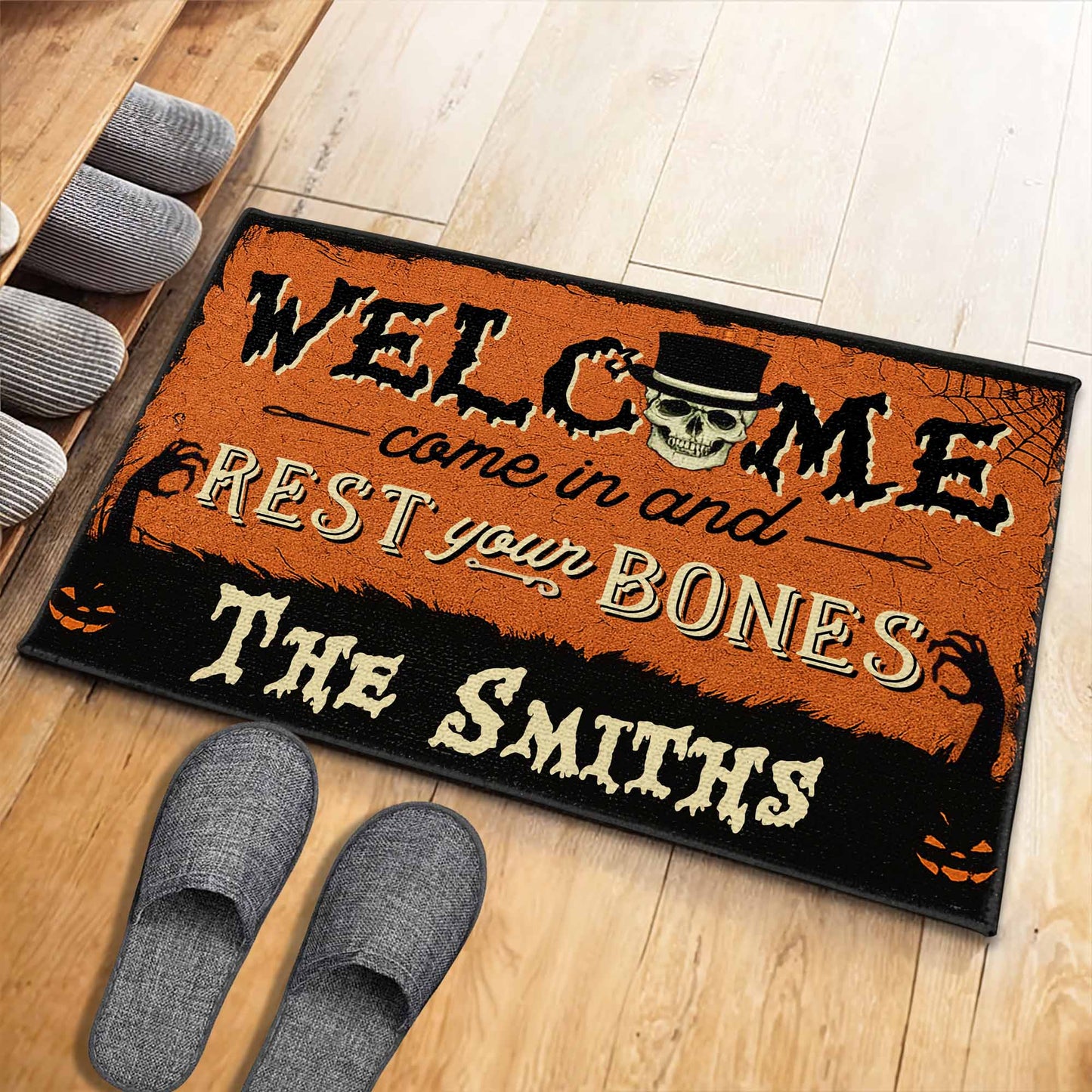 Welcome Come In And Rest Your Bones Skull Spider Web Pumpkin - Personalized Custom Doormat - HALW050_DRM