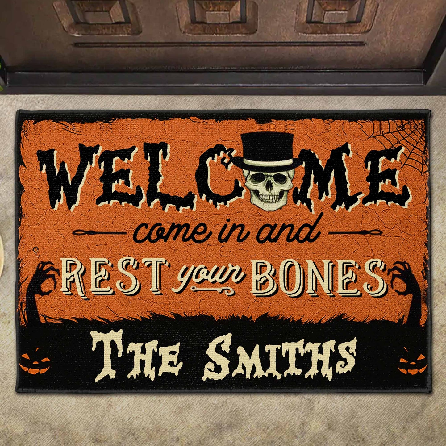 Welcome Come In And Rest Your Bones Skull Spider Web Pumpkin - Personalized Custom Doormat - HALW050_DRM