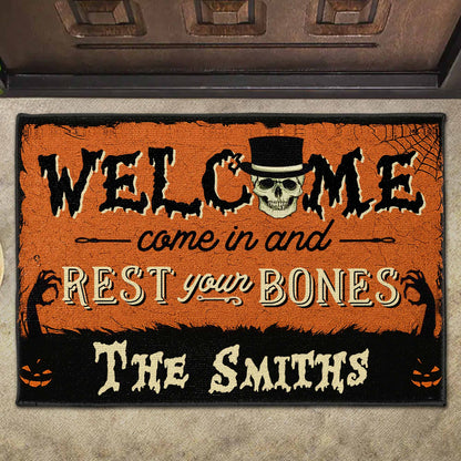 Welcome Come In And Rest Your Bones Skull Spider Web Pumpkin - Personalized Custom Doormat - HALW050_DRM