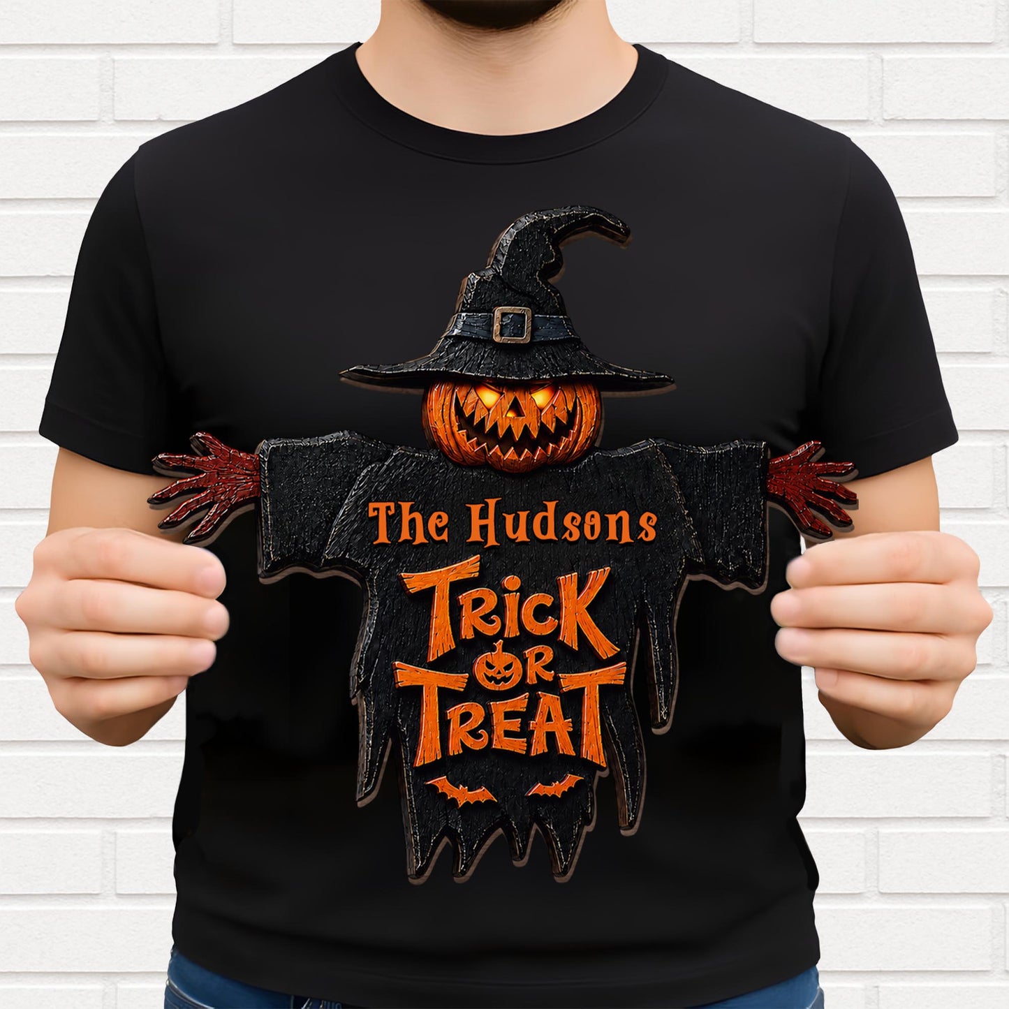 Trick Or Treat Scary Pumpkin Scarecrow With Witch Hat - Personalized Custom Shaped Wood Sign - HALW124_WSIGN