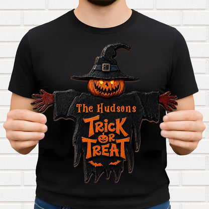 Trick Or Treat Scary Pumpkin Scarecrow With Witch Hat - Personalized Custom Shaped Wood Sign - HALW124_WSIGN