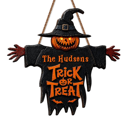Trick Or Treat Scary Pumpkin Scarecrow With Witch Hat - Personalized Custom Shaped Wood Sign - HALW124_WSIGN