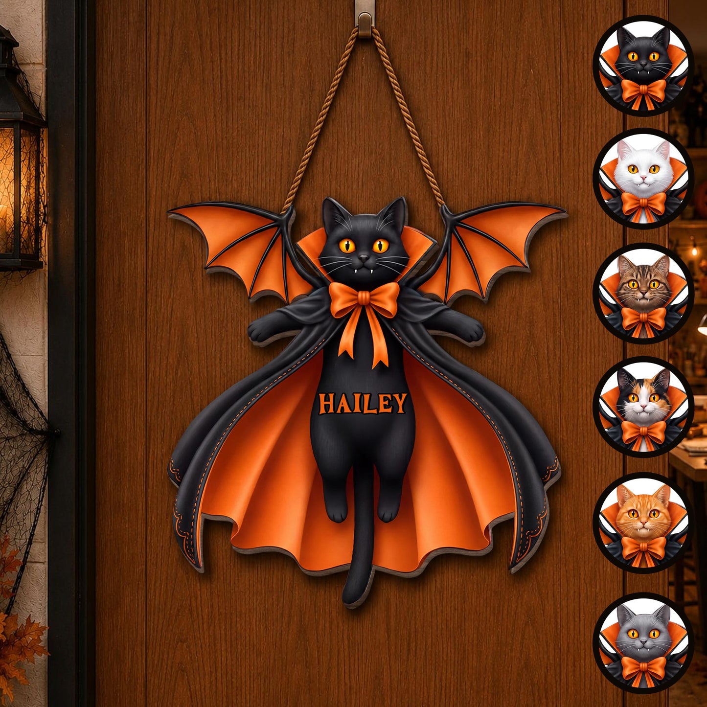Vampire Cat Spooky Season Custom Name With Bat Wings And Cape - Personalized Custom Shaped Wood Sign - HALW137_WSIGN
