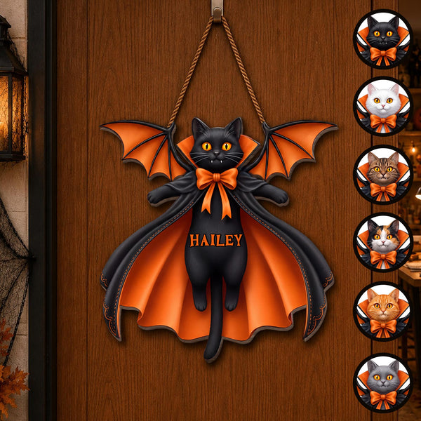 Vampire Cat Spooky Season Custom Name With Bat Wings And Cape - Personalized Custom Shaped Wood Sign - HALW137_WSIGN