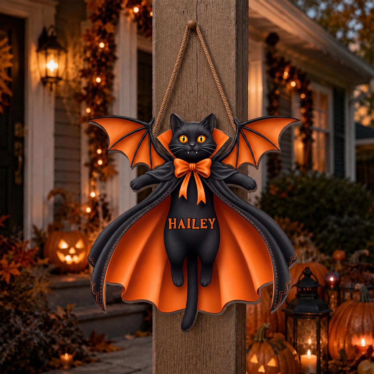 Vampire Cat Spooky Season Custom Name With Bat Wings And Cape - Personalized Custom Shaped Wood Sign - HALW137_WSIGN