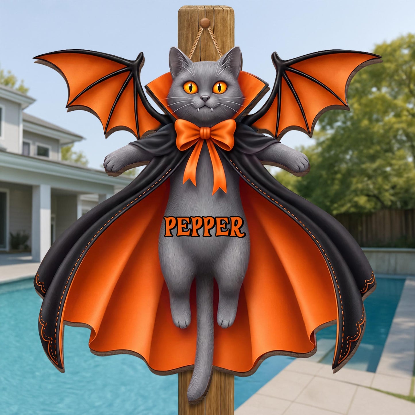 Vampire Cat Spooky Season Custom Name With Bat Wings And Cape - Personalized Custom Shaped Wood Sign - HALW137_WSIGN