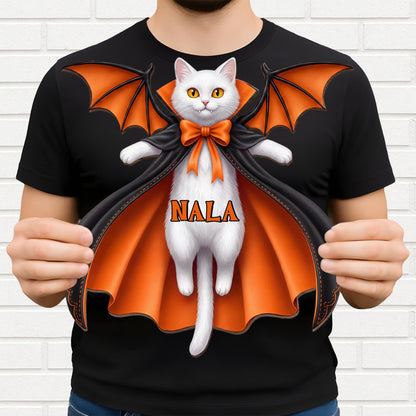 Vampire Cat Spooky Season Custom Name With Bat Wings And Cape - Personalized Custom Shaped Wood Sign - HALW137_WSIGN