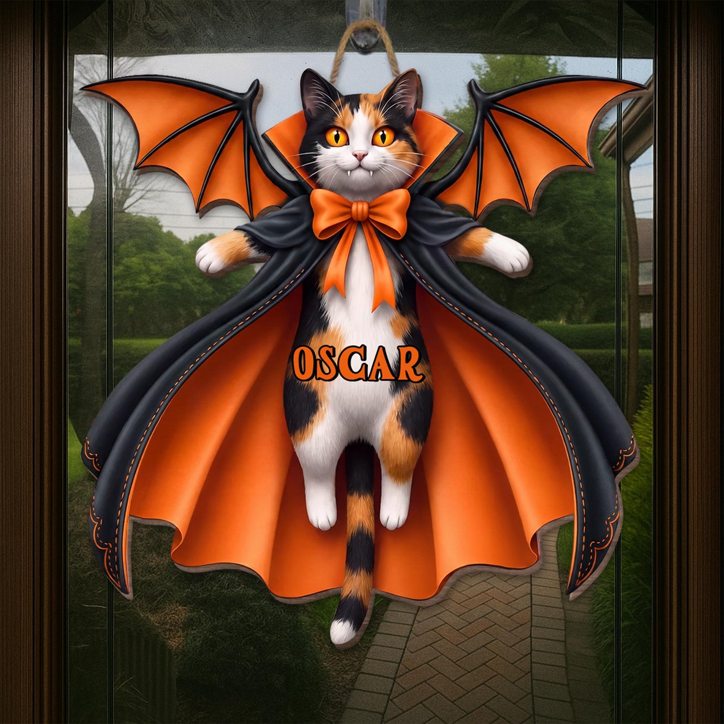 Vampire Cat Spooky Season Custom Name With Bat Wings And Cape - Personalized Custom Shaped Wood Sign - HALW137_WSIGN