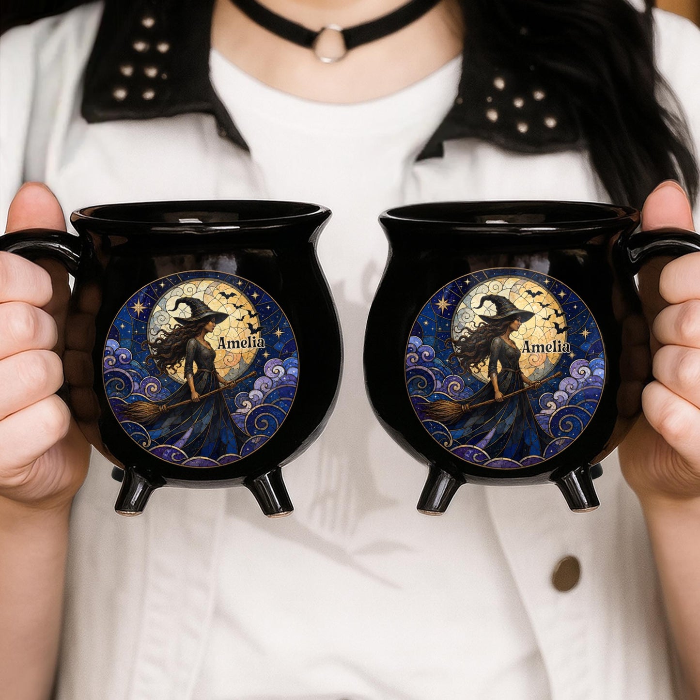 A Mystical Witch Soaring Under Moon Stained Glass Art - Custom Ceramic Cauldron Coffee Mug - HALW150_CAUMUG