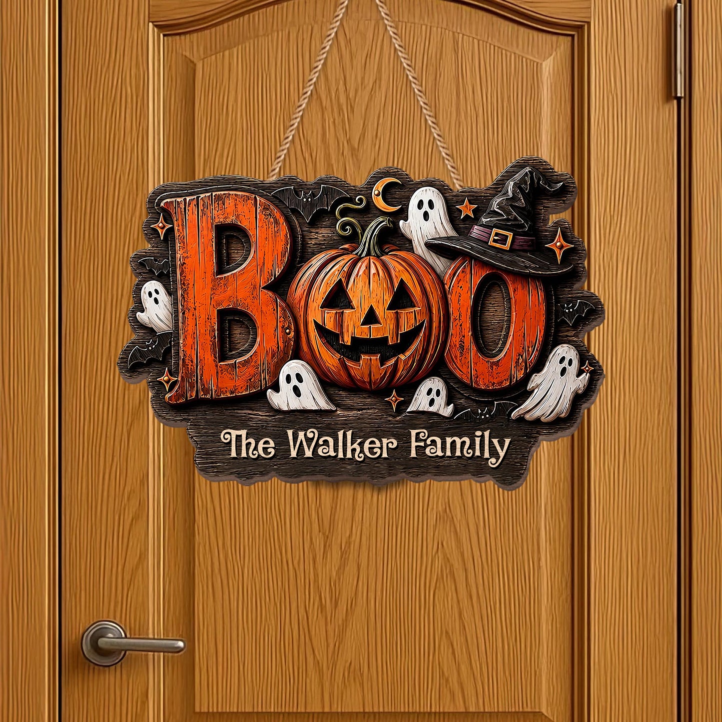 BOO Our Family Custom Pumpkin And Ghost Halloween Wood Sign - Personalized Custom Shaped Wood Sign - HALW168_WSIGN