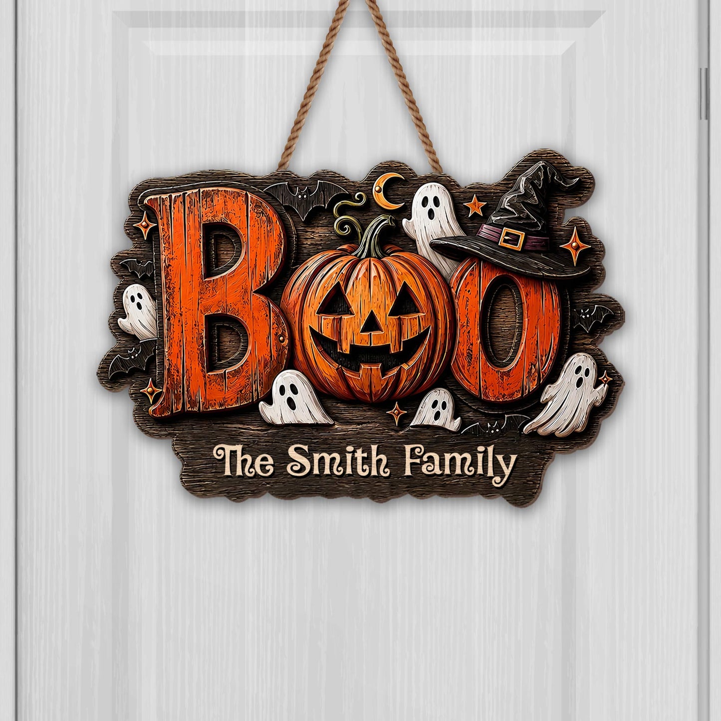 BOO Our Family Custom Pumpkin And Ghost Halloween Wood Sign - Personalized Custom Shaped Wood Sign - HALW168_WSIGN