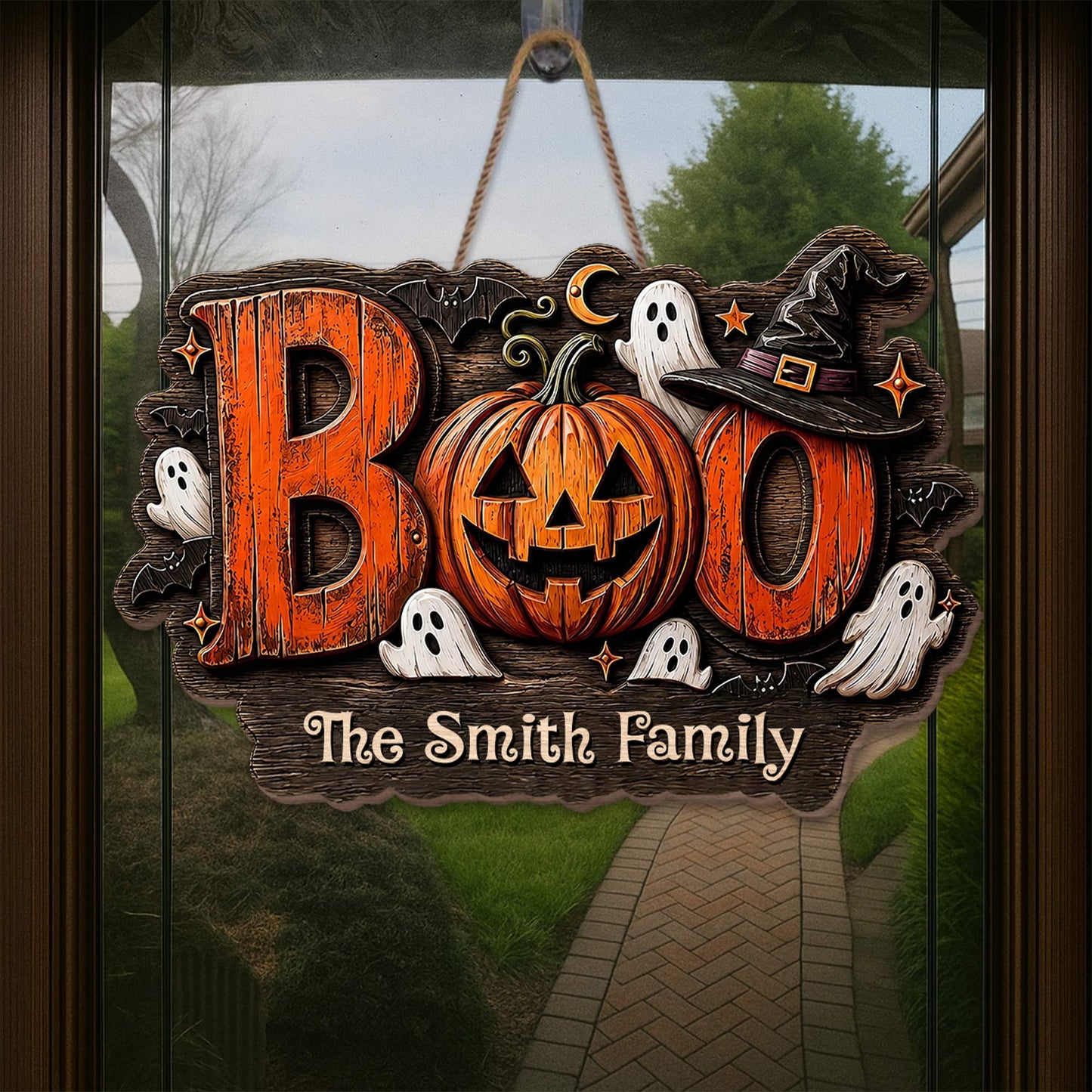BOO Our Family Custom Pumpkin And Ghost Halloween Wood Sign - Personalized Custom Shaped Wood Sign - HALW168_WSIGN