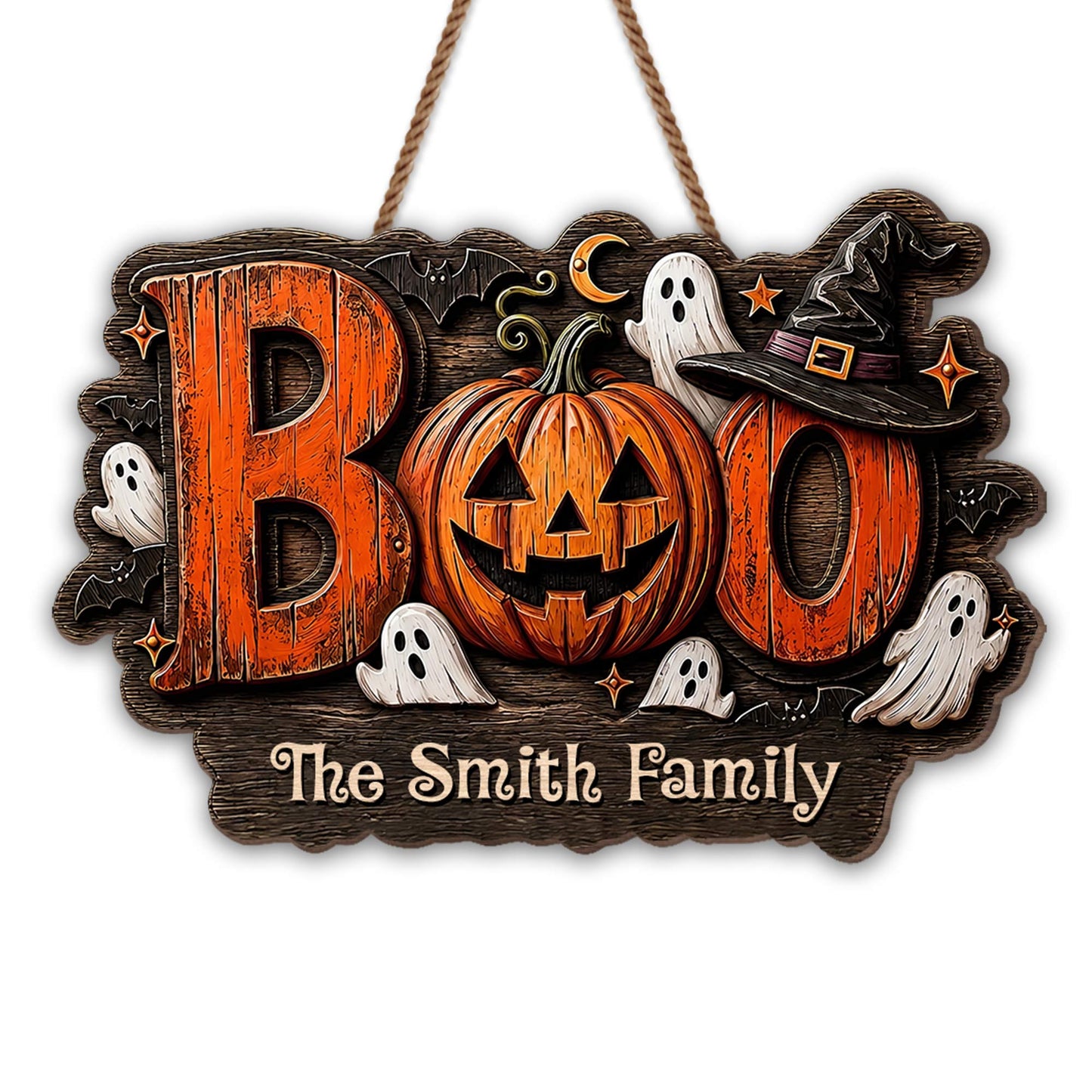 BOO Our Family Custom Pumpkin And Ghost Halloween Wood Sign - Personalized Custom Shaped Wood Sign - HALW168_WSIGN