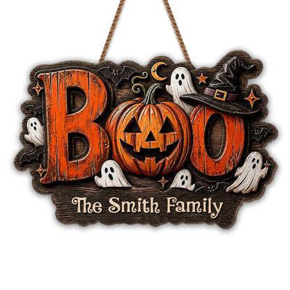 BOO Our Family Custom Pumpkin And Ghost Halloween Wood Sign - Personalized Custom Shaped Wood Sign - HALW168_WSIGN