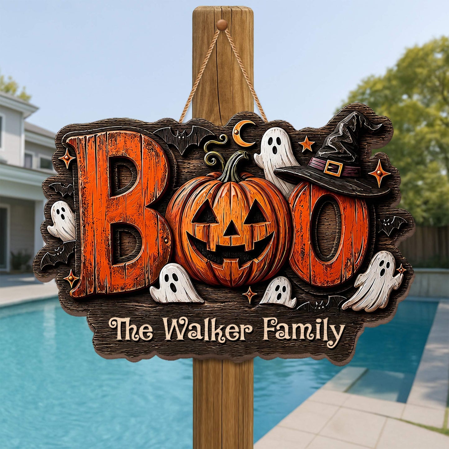 BOO Our Family Custom Pumpkin And Ghost Halloween Wood Sign - Personalized Custom Shaped Wood Sign - HALW168_WSIGN