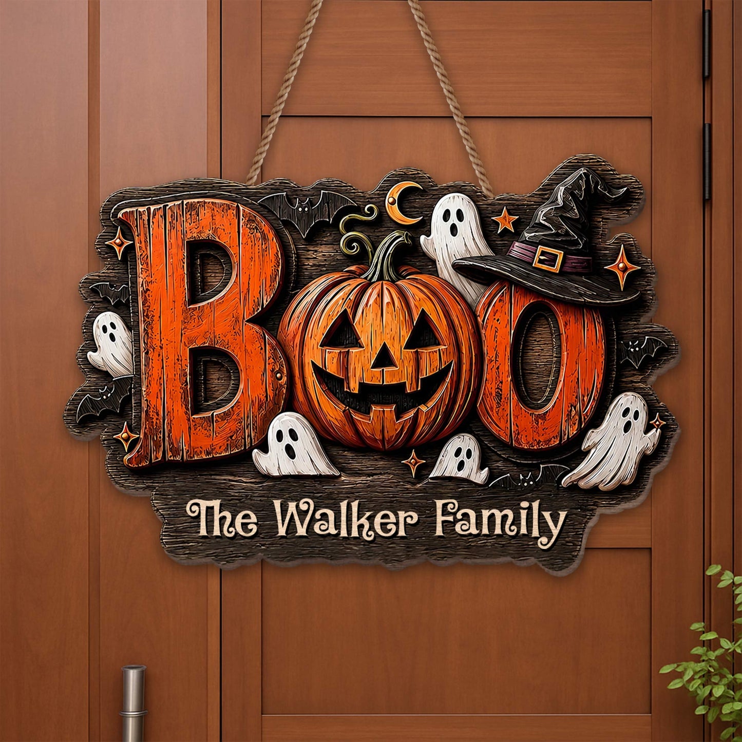 BOO Our Family Custom Pumpkin And Ghost Halloween Wood Sign - Personalized Custom Shaped Wood Sign - HALW168_WSIGN