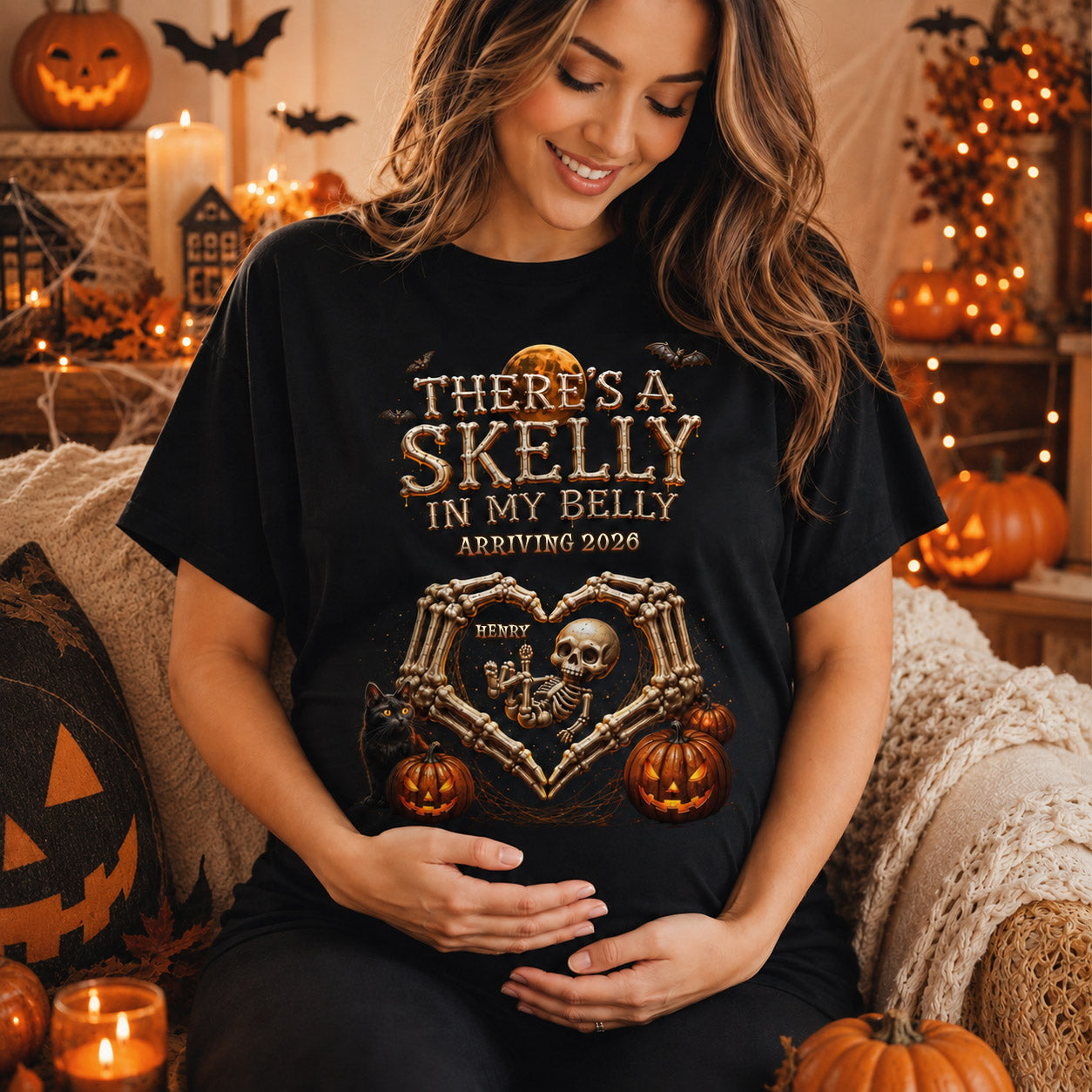 There's A Skelly In My Belly Skeleton Baby Halloween Pregnancy Announcement - Personalized Custom Unisex T-shirt, Hoodie - HALW175_BBAS