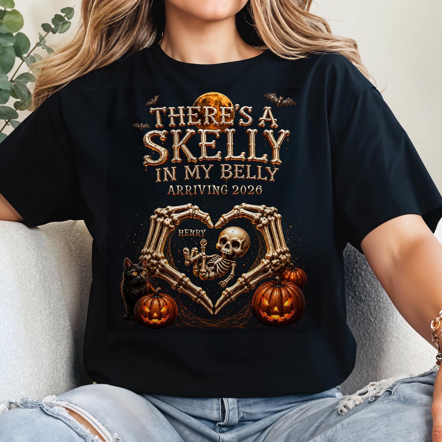 There's A Skelly In My Belly Skeleton Baby Halloween Pregnancy Announcement - Personalized Custom Unisex T-shirt, Hoodie - HALW175_BBAS
