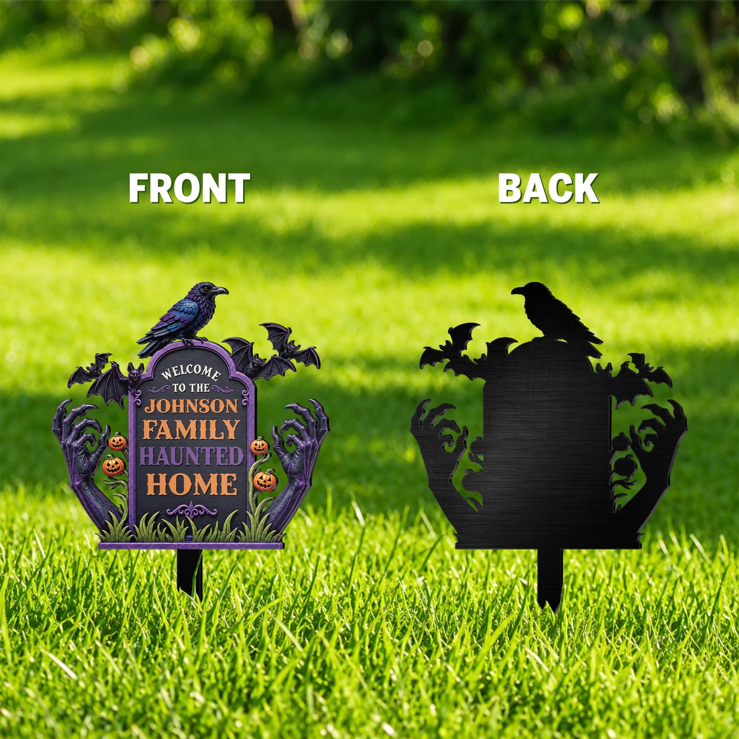 Welcome To Our Family Haunted House Raven Bats Zombie Hands - Personalized Metal Garden Stake - HALW177_MEGSTA