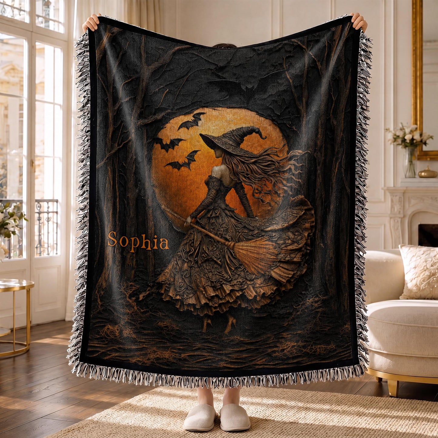 Mystical Witch Soaring Through The Moonlit Forest With Bats And Broomstick - Personalized Woven Blanket - HALW178_WOBLK